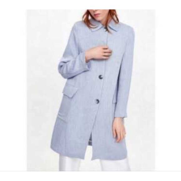 Zara Linen Duster Trench Coat Jacket Button Front Pockets Blue White Women’s S - Picture 2 of 16
